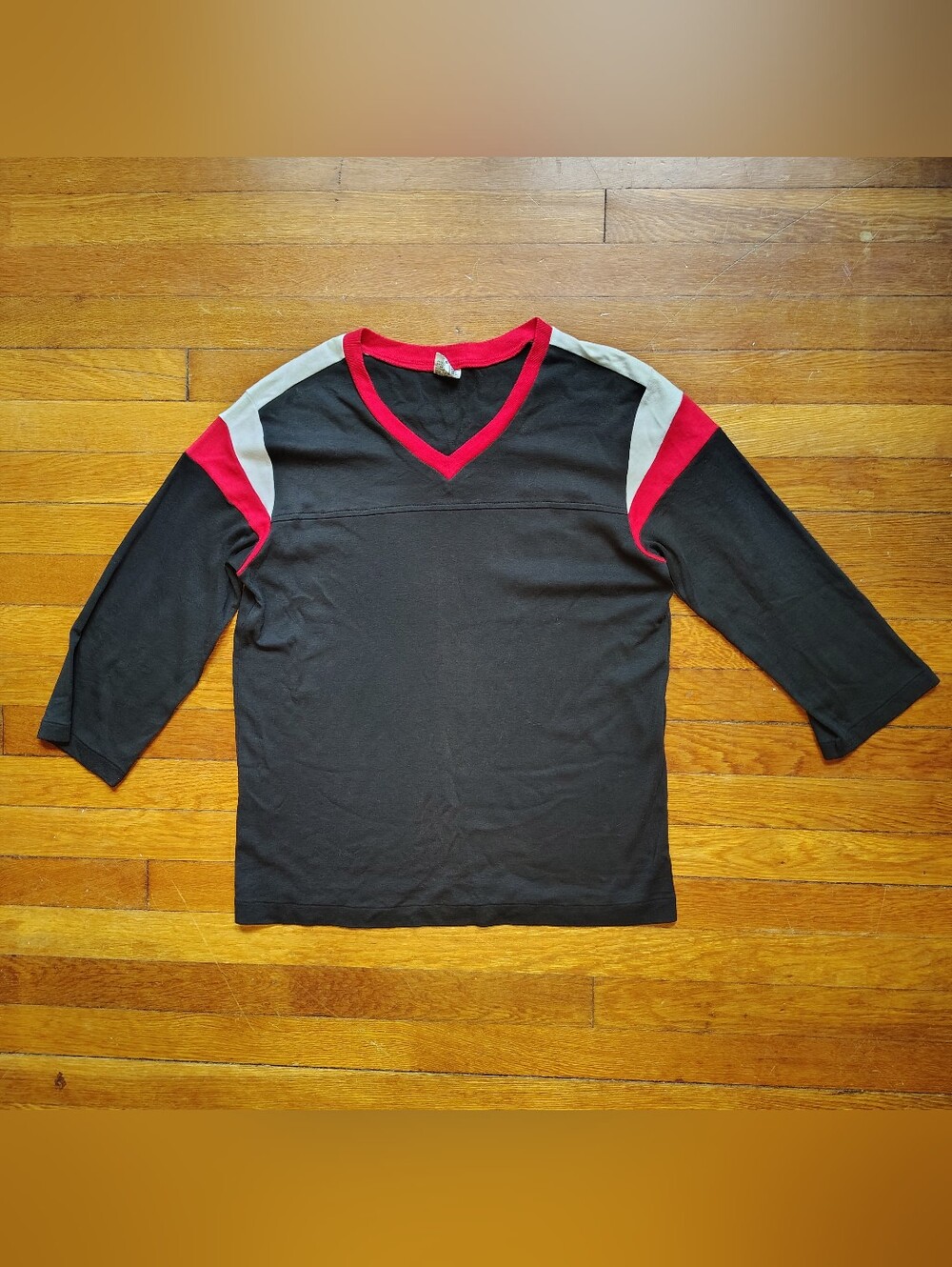 80s Vintage Plain Blank 3/4 Sleeve Athletic T-Shirt Black Red Mens Medium Tee